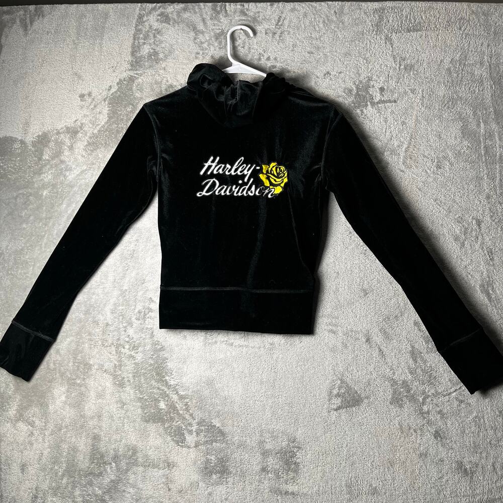 Harley Davidson Velour Velvet Zip Up Hoodie Flower Vintage Y2K‎ Size XS